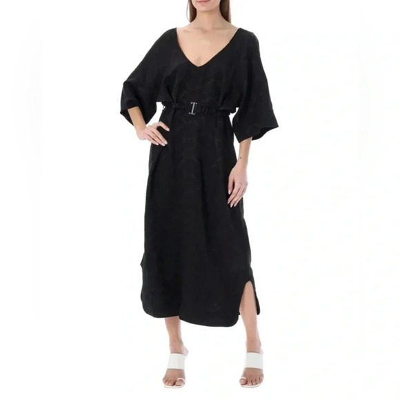 Ganni Naia Jacquard Black Floral Wide Sleeve Cross Back Midi Dress Size 6 - Picture 5 of 15